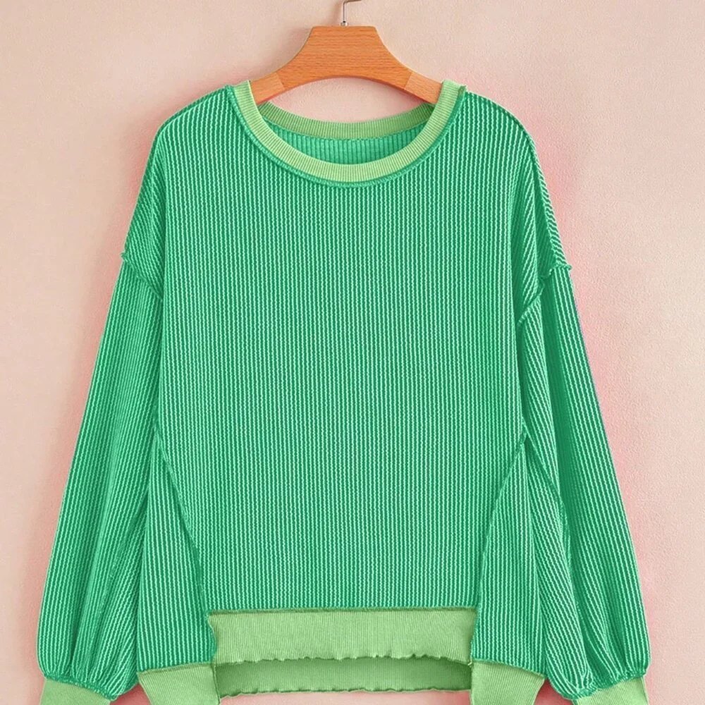 Green Casual Women's Textured Striped Cuffed Long Sleeve Loose Crew Neck T-Shirt